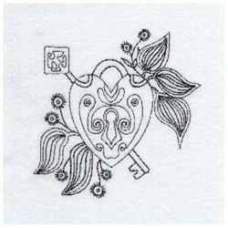 Redwork heart-shaped lock with floral motifs, key, and intricate leaves, ideal for romantic embroidery.
