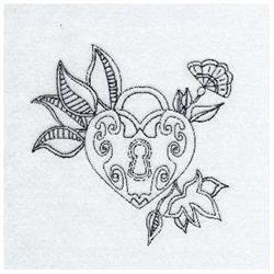Redwork heart-shaped lock with intricate swirling patterns, surrounded by stylized leaves and a flower.