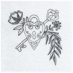 Redwork heart-shaped lock with intricate floral patterns, featuring a decorative key and elegant leaves.