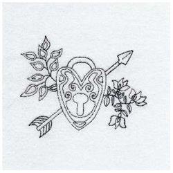 Redwork heart-shaped lock with intricate swirls, flanked by a delicate arrow and leaf branches.