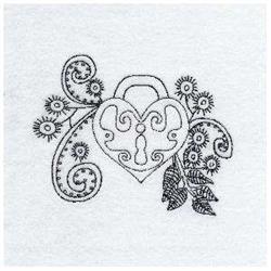 Redwork heart-shaped padlock adorned with floral motifs and swirling lines, featuring intricate detailing.