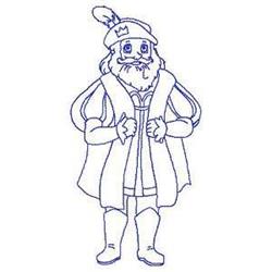 Redwork king character with a crown and beard in a simple outline, confidently posing in a long cloak.