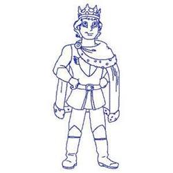 Redwork king character in blue line art, featuring a crown, cape, and a regal stance.
