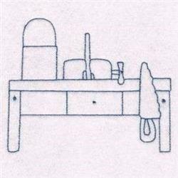 Redwork kitchen table showcases utensils and a kitchen towel in simple line art, emphasizing minimalist design.