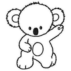 Redwork koala with a cute expression, fuzzy ears, and raised arm, outlined in black for charming appeal.