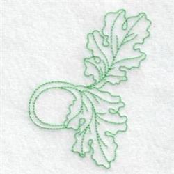 Redwork leaf design features delicate light green outline of elegant leaves and a curved stem, set on a neutral background.