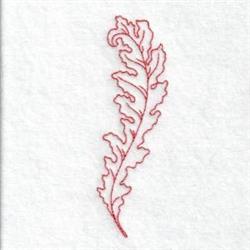 Redwork leaf design with intricate wavy edges, fine details, and red stitching on a white background.