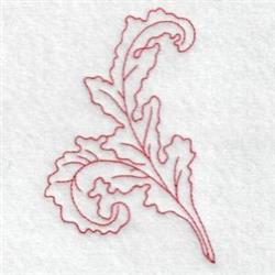 Redwork leaf outline with intricate curves in soft red thread on a light background, minimalist design.