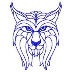 Redwork lynx head with a blue outline showcasing pointed ears and intense eyes in minimalist style.