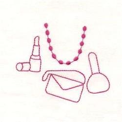 Redwork design featuring a minimalist pink outline of lipstick, compact, necklace, and handbag on white.