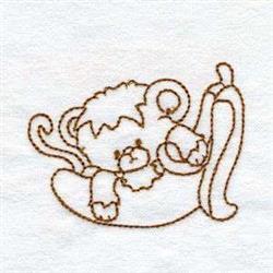 Redwork monkey lounging on a banana with a brown outline, featuring a playful pose and soft background.