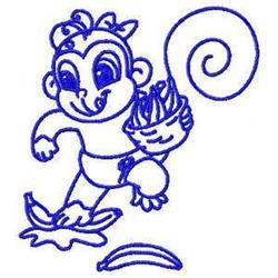 Redwork monkey cartoon character with a playful expression, holding a banana basket and stepping on a peel, outlined in blue.