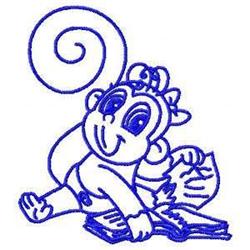 Redwork monkey with a playful expression sits on an open book, outlined in vibrant blue thread.