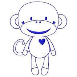 Redwork monkey with a cheerful smile, heart on chest, and simple outlines, designed for playful decor.