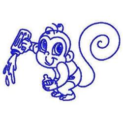 Redwork monkey joyfully pouring blue liquid, with large eyes and a curled tail, in a playful cartoon style.