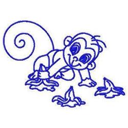 Redwork monkey with a cheerful expression, outlined in blue, crawling playfully among banana peels.