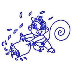 Redwork monkey joyfully tossing leaves from a sack, outlined in blue thread on a white background.