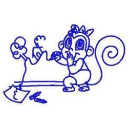 Redwork monkey with a playful expression, handling a skull and tools in a whimsical blue outline.