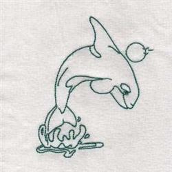 Redwork orca leaping from water with a splash below and a bubble above, outlined in simple line art.