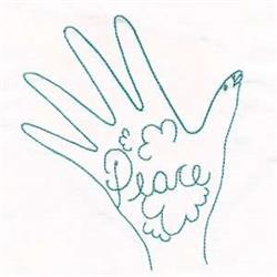 Redwork hand outline featuring the word 'Peace' and a dove in a playful line art style.
