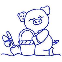 Redwork pig holds a striped basket, surrounded by a butterfly, in playful line art style for Easter.