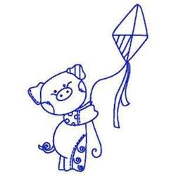Redwork pig in a cute blue outline, wearing a scarf and holding a kite with playful swirls.