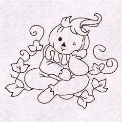Redwork pumpkin character with a playful face, surrounded by whimsical vines and leaves, perfect for Halloween.