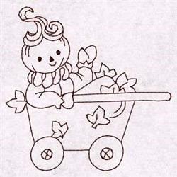 Redwork pumpkin character with a smiling face and curly top, seated in a simple wagon filled with colorful leaves, celebratin