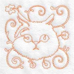 Redwork rabbit with playful features surrounded by soft peach floral swirls on a white background.