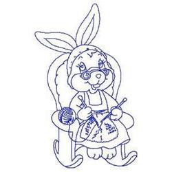 Redwork rabbit knitting in a chair, wearing glasses, with expressive eyes and a ball of yarn.