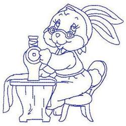 Redwork rabbit in glasses sewing at a machine, playful expression, long ears, simple line art