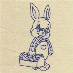 Redwork rabbit in overalls and plaid shirt, joyfully holding a toolbox filled with tools.