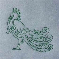 Redwork rooster design with green thread, featuring intricate feather details and flowing lines.
