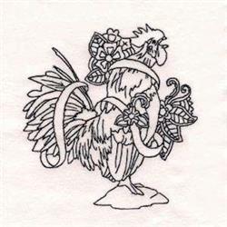 Redwork rooster featuring intricate flowers and bold swirling lines, showcasing an elegant and detailed design.