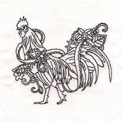 Redwork rooster with detailed floral designs in feathers, showcasing elegance and a proud stance against a light background.