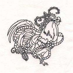 Redwork rooster in detailed line art, surrounded by intricate floral patterns, elegantly posed.