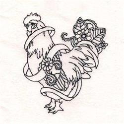 Redwork rooster with detailed flowing feathers intertwined with floral elements and a decorative ribbon.