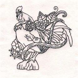 Redwork rooster outlined in intricate detail, surrounded by delicate floral and leafy embellishments.