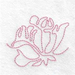 Redwork rose design in pink outline stitch with delicate petals and stems on a white background.