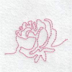Redwork floral outline of a delicate rose with soft pink thread on light fabric, showcasing simple beauty.