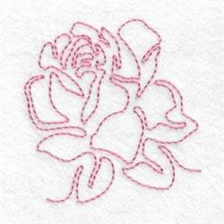 Redwork rose in delicate pink line art, showcasing elegant petals and curved lines on a white background.