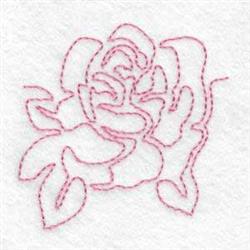Redwork rose in simplistic line art style, featuring pink thread outlines on a white background.
