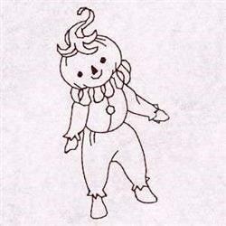 Redwork scarecrow with a smiling face, curly top, and ruffled collar, perfect for Halloween decor.