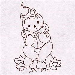 Redwork scarecrow with playful features, surrounded by stylized leaves and a pumpkin, exemplifying whimsical fall decor.