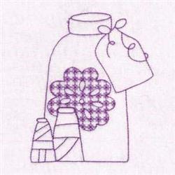 Redwork jar with a decorative flower, sewing spools below, and a playful tag, all outlined simply.