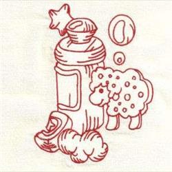 Redwork sheep with fluffy outline beside a rounded bottle, surrounded by playful clouds and a star.