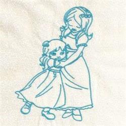 Redwork design featuring two girls in flowing blue dresses, one playfully holding the other's waist.