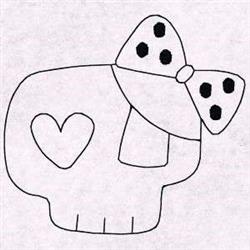 Redwork skull with a polka dot bow and heart shape, outlined in black, on a light background.