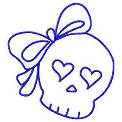 Redwork skull with playful oversized bow, heart-shaped eyes, and bold blue outline against white background.