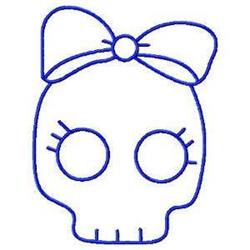 Redwork skull outline with playful bow, large empty eyes, and minimal details in blue.